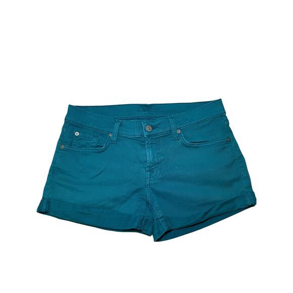 7 For All Mankind Women 27 Teal Denim Shorts Mid Rise Cuffed Style Jean Shorts - Picture 1 of 9